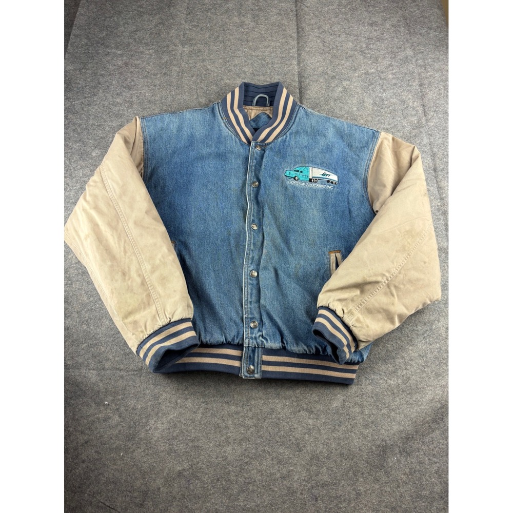 VTG Tri-Mountain Denim Varsity Jacket Gordon Trucking Bomber Workwear Tan Mens L